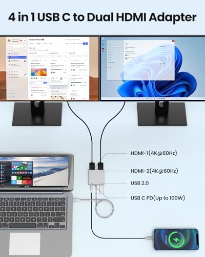 Fophmo Dual HDMI Adapter – 4 K@60 Hz USB C Hub with 100 W Power Delivery & USB-A Port for Enhanced Dual Screen Experience – Perfect for Gamers & Professionals Seeking Stunning Visual Clarity and Seamless Multitasking