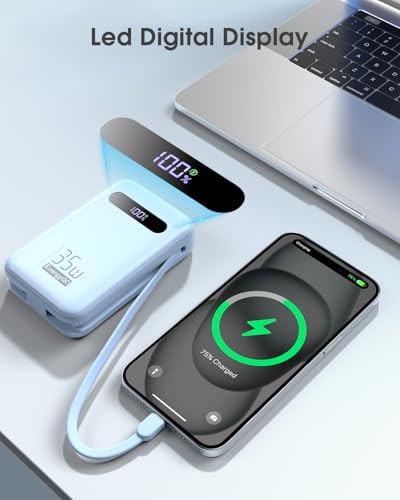 Ultimate 20,000 m Ah Energy QC Power Bank: 35 W PD 3.0 & QC 4.0 Ultra-Fast Charging Portable Charger with Dual Built-In Lightning & USB-C Cables for i Phone 16/15/14, Galaxy S24, i Pad, Air Pods – All-Day Power & 4-Device Charging with Smart LED Display for Travel & Emergencies