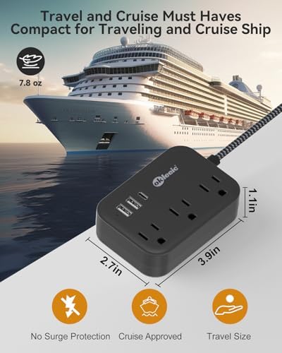 Compact PD 20 W USB C Travel Power Strip with Flat Plug Design, 3 AC Outlets & 3 USB Ports for Rapid Charging – Ideal Cruise Ship Essential & Versatile Charging Station for i Pad Pro, i Phone, Samsung Devices – 3 FT Short Extension Cord for Convenient Use