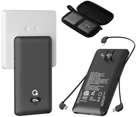 Ultimate Brand Q 10000 m Ah Portable Charger with Built-in Cables and AC Wall Plug – Fast Charging Power Bank with USB-C, Triple Output Ports for i Phone, Tablet & All Smartphones – Perfect Travel Companion for On-the-Go Charging