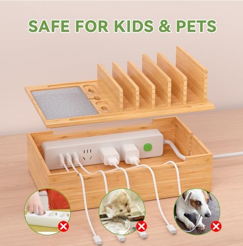 Pezin & Hulin Eco-Friendly Bamboo Charging Station – 10-Port USB Dock Organizer with 6 Cables, Enhanced Power Supply & Cable Management for Multi-Device Charging, Sleek Natural and Black Design for Homes and Offices