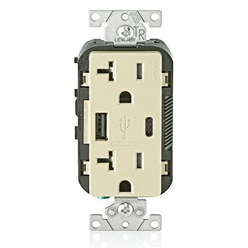 Leviton Dual USB In-Wall Charger with 20 A Tamper-Resistant Outlet – Type A & Type-C Compatibility for Smartphones and Tablets, Light Almond Finish – Streamlined Charging Solution for Home and Office Spaces
