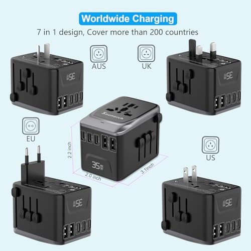 Advanced 7-in-1 Universal Travel Adapter with 35 W PD Fast Charging – Sleek Black & Silver Design for Worldwide Use, Featuring 4 USB-C and 2 USB-A Ports for Effortless Connectivity Across the US, UK, Europe, and Australia – Unmatched Compatibility and Speed for Every Adventure