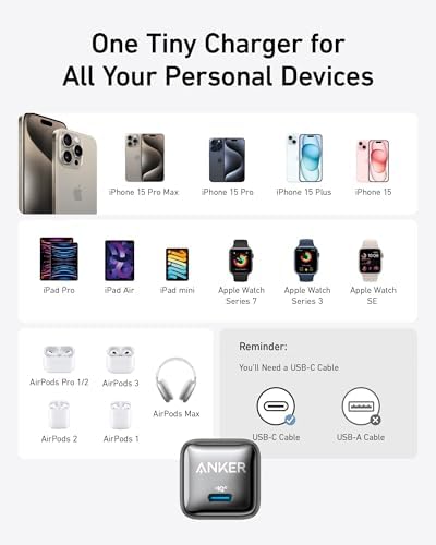 Anker 20 W USB-C Charger Block with Power IQ 3.0 – Ultra-Compact Fast Charging Solution for i Phone 16/15, Galaxy, Pixel 4/3, i Pad – Includes Bonus USB-C Cable for Enhanced Portability and Safety Features