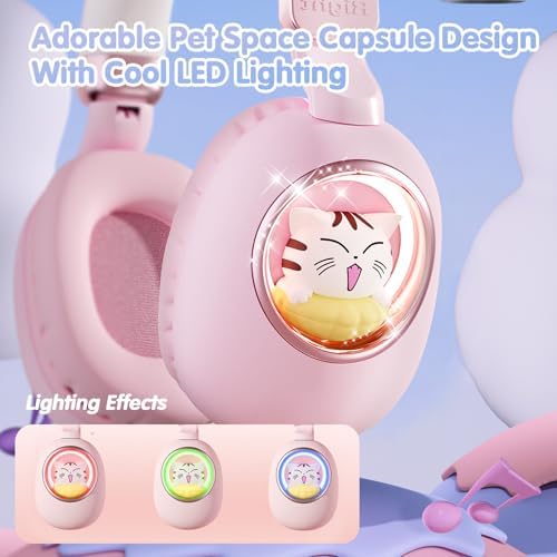 Bluetooth Cat Ear Kids Headphones – Wireless & Wired Over-Ear Noise Cancelling with Microphone, LED Lights, 85 d B Volume Limit for Safe Listening – Ideal for Travel & Home Use, Ultimate Comfort & Compatibility