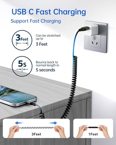 USBC to USBC Cable for Car, 3FT Coiled USB Type C Charge Cable Fast Charging, 2Pack Short USB-C Cable Compatible with iPhone 16/15/Samsung Galaxy S20 S10 S9 S8 Plus Note 10 9 8 and More USB C Devices – Enhanced Compatibility and Speed