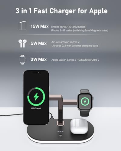Revolutionary 4-in-1 Magnetic Wireless Charging Station for Apple Devices – Fast, Space-Saving Charger with Touch-Control Night Light for i Phone 12-16 Series, Apple Watch, Air Pods Pro 2/3/4, and More – Enhanced Compatibility & 25% Faster Charging (Black)