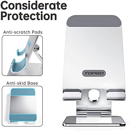 TOPGO Adjustable Cell Phone Stand, [Fully Foldable & Wide Compatibility] Desktop Stand Holder with Charging Port for iPhone, iPad, Kindle, Tablets, Switch – Silver – Enhanced Compatibility and Speed