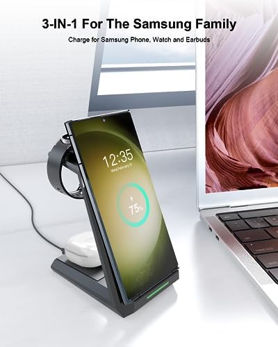NANAMI Premium 3-in-1 Wireless Charging Station for Samsung Devices – Ultra-Fast Qi Charger Stand for Galaxy S25, S24, S23 Ultra, S22, S21, Z Flip, Fold 4, Galaxy Watch 6/5/5 Pro/4/3 & Buds 2 Pro – Sleek, Space-Saving Design for Modern Lifestyles