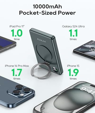 Kuulaa 10000 m Ah Magnetic Power Bank with LED Display – PD 20 W Fast Charging, Ultra-Slim Portable Charger for i Phone 16/15/14/13/12 – Mag Safe Wireless Battery Pack with Built-in Stand for Enhanced Mobility and Convenience