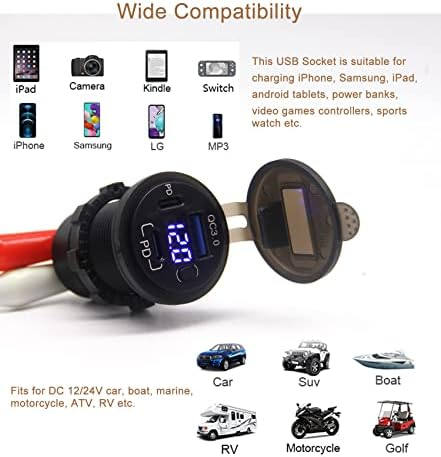 12 V Dual USB C Car Charger Socket with Quick Charge 3.0, Integrated Voltmeter & Power Switch – Ultimate Charging Solution for Vehicles, Boats, and Trucks, Enhanced Versatility & Safety