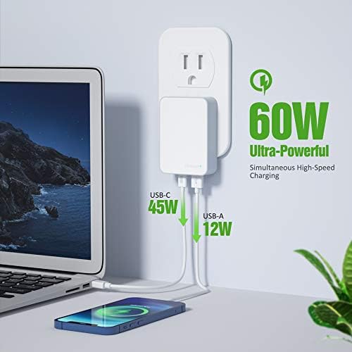 Nekmit 60 W USB C Fast Wall Charger – Ultra-Slim Dual Port Adapter with Ga N Technology for Rapid Charging of Laptops, Mac Book, i Pad Pro, i Phone 14, Pixel, Galaxy – Travel-Friendly Foldable Design for Maximum Portability and Compatibility