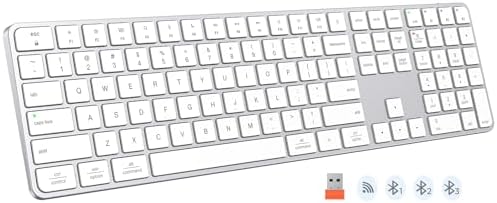 Ultra-Quiet Wireless Bluetooth Keyboard for Mac – Multi-Device Connectivity, Rechargeable Full-Size Design with Number Pad, Perfect for i Pad, i Phone, Mac, Windows & Android – Sleek White Finish for Modern Workspaces