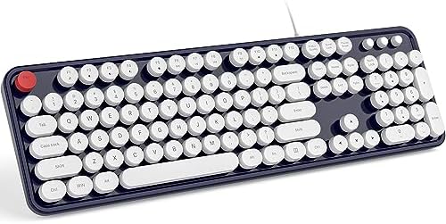 Retro-Inspired Wired Keyboard with Round Keys – Stylish Dark Blue USB Typing Experience for PC & Laptop Users – Ergonomic Full-Size Design for Enhanced Comfort and Productivity – Perfect for Windows Compatibility and Nostalgic Aesthetics