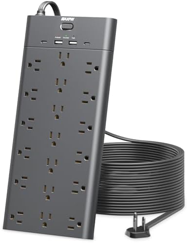 Ultimate Surge Protector Power Strip with 19 Outlets & 4 USB Ports – Heavy-Duty 6.5 Ft Extension Cord, 1875 W Power Capacity, 2100 Joules Surge Protection, Wall Mountable for Home, Office, and Gaming – Efficient Power Management Solution in Sleek Black Design