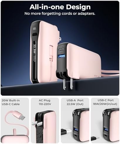 Ultimate 10,000 m Ah Portable Charger with Built-in USB-C Cable & Plug – Fast 22.5 W Power Bank for Seamless Charging of i Phone 16/15, Samsung Galaxy & i Pad – Compact Travel Essential with Triple Output Ports for Maximum Device Compatibility