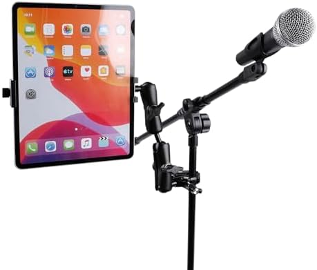 Versatile Aluminum Dual Arm Tablet Holder with Super Clamp for 0.5” to 2” Rails – Ideal Side Mount for i Pad Pro, Galaxy Tab, and Other 4.7-12.9″ Devices – Effortless Setup and Secure Positioning for Musicians and Presenters