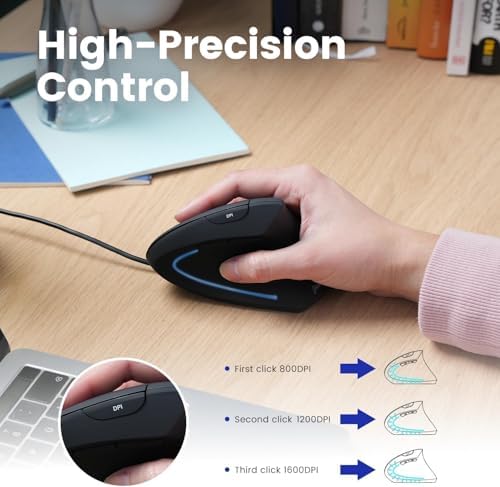 Ergonomic Perixx PERIMICE-713 Wireless Vertical Mouse for Right-Handed Users – 6 Customizable Buttons, Adjustable 3-Level DPI, Sleek Black Design, Unmatched Comfort for Long Hours of Work or Gaming