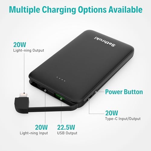 Ultra-Slim 20 W Fast Charging Power Bank with Built-in USB C Cable – 6000 m Ah Lightweight Portable Charger for i Phone 16, 15, Samsung & Android Devices – Essential Travel Battery Pack for On-the-Go Power Needs