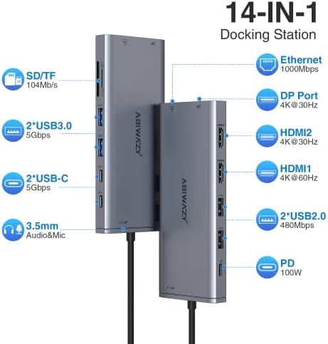 Transform Your Workspace with the Ultimate 14-in-1 USB-C Docking Station – Elevate Productivity with Dual Monitor Support, 2 HDMI & Display Port Outputs, 7 Versatile USB Ports, Stable Ethernet Connectivity, and Audio Output – Ideal for Dell, HP, Lenovo Think Pad & Surface Laptops – Sleek Silver Design for Professional Environments