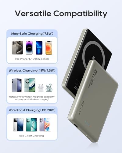 Ultra-Slim Kuulaa Mag Safe Wireless Power Bank 5000 m Ah – 20 W Fast Charging Portable Charger with Magnetic Wallet & Stand for i Phone 15/14/13/12 Pro Max – High-Performance USB-C Battery Pack for On-the-Go Convenience