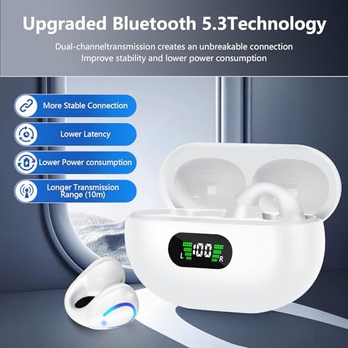Revolutionize Your Audio Journey with Cutting-Edge Open Ear Bone Conduction Bluetooth 5.3 Earbuds – Ergonomic Clip-On Design for Active Lifestyles, Unmatched 60-Hour Playtime in Digital Display Charging Case, IPX7 Waterproof for Ultimate Performance and Comfort, Stay Aware of Your Surroundings While Enjoying Pristine Sound Quality