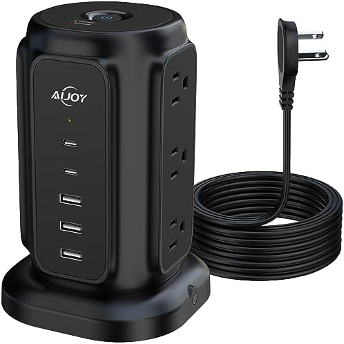 Maximize Your Power Potential with Ai Joy’s Space-Saving Flat Plug Power Strip Tower – 9 Outlets & 5 USB Ports (2 USB-C) for Rapid Charging, 1200 Joules Surge Protection, 6.5 Feet Extension Cord – Ideal for Home, Office, and Dorm Use – Durable, Efficient, and Compact Design for Uncluttered Charging Solutions
