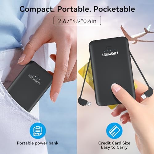 Mini 5000 m Ah Portable Power Bank with Integrated Cables and AC Plug – USB-C Fast Charging for i Phone & Android Devices – Ultra-Compact External Battery for On-the-Go Lifestyle – Essential Tech Accessory for Seamless Connectivity