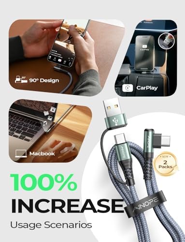 AINOPE 6.6 FT USB C Right Angle Charging Cable with USB to USB C Adapter – 60 W Fast Charging for i Phone 16, 15 Pro, i Pad & Samsung Devices – Enhanced Compatibility & Convenient Access for Gaming and Multitasking