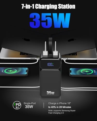 Ultimate 80000 m Ah Power Bank – High-Capacity Portable Charger with 35 W Fast Charging and Built-in 3 Cables – 7-Port Multi-Device Compatibility for i Phone, Galaxy, Steam Deck – Perfect for Outdoor Adventures – Enhanced Safety Features, Durable Design, and Convenient Carry Strap – LED Smart Display for Real-Time Monitoring – Backed by 3-Year Warranty and 24/7 Tech Support