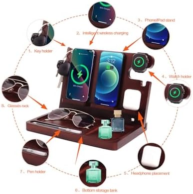 Sleek Wooden Nightstand Organizer with 4-in-1 Wireless Charging Station for i Phone & Android, Fast 27 W Charger for Apple Watch and Air Pods, Stylish Wallet & Key Holder – Perfect Gift for Men and Tech Lovers