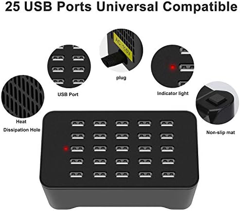 MIXILIN 25-Port USB Charging Hub – 125 W 25 A Fast Charging Station for i Phone and Android Devices – Smart Technology for Optimal Power Delivery – Multi-Device Desktop Charger Ideal for Homes and Offices – Sleek Black Design with Safety Features