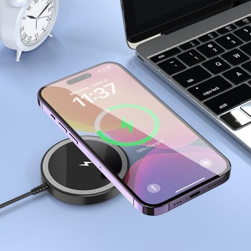 Enhance Your Charging Experience with the Premium 15 W Mag Safe Wireless Charger – LCD Display, Magnetic Fast Charging Pad for i Phone 12-16 Series, Sleek Glass Design, USB-C Port, Perfect for On-the-Go Power Solutions