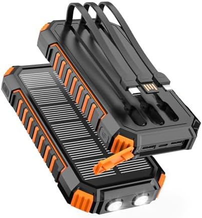 FEELLE 27000 m Ah Solar Power Bank – High-Capacity Portable Charger with 15 W Fast Charging, Dual Built-in Cables, and Emergency Flashlights for Outdoor Adventures – Ideal for Camping and Hiking, Compatible with i Phone and Android Devices