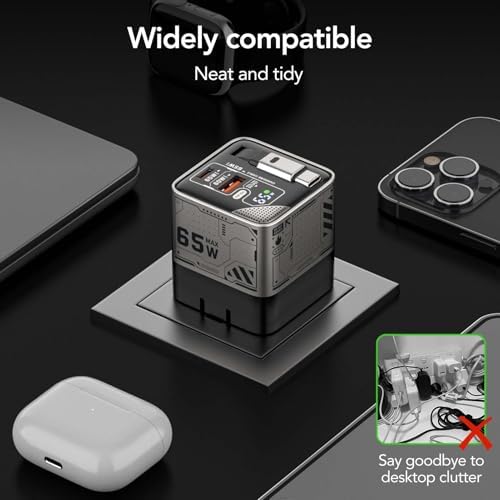 Rapid Charge 65 W Ga N Dual Port Charger with Retractable Type-C Cable – Travel-Friendly USB-C & USB-A Power Adapter for i Phone, i Pad, Mac Book, Samsung Galaxy and More – Enhanced Efficiency & Versatility in Sleek Black Design