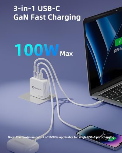 Ultra-Fast 100 W Ga N USB-C Charger Block – Triple-Port Travel Adapter for Mac Book, Dell, i Phone 16/15, Samsung Galaxy & All USB-C Devices – Compact, Foldable Design for Efficient Power Delivery on the Go
