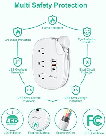 Alitayee 20 W USB-C Power Strip: Compact 3-Outlet Surge Protector with Fast Charging & Flat Plug for Travel, Home, and Office – Ideal for i Phone and QC 3.0 Devices with 3 ft Extension Cord for Maximum Portability and Compatibility