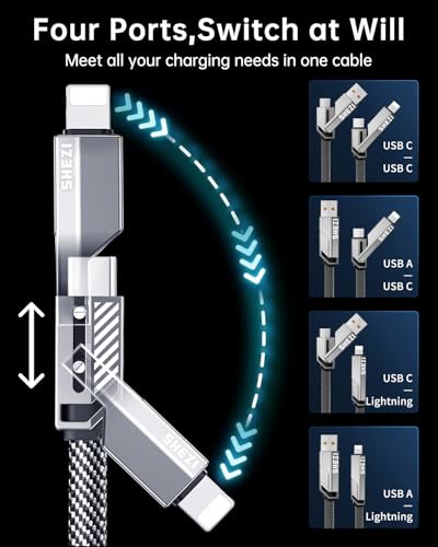 SHEZI 4-in-1 Fast Charging USB C Cable – 60 W Power Delivery with Lightning, USB C, and USB A Ports – 5 FT Durable Flat Nylon Braided Cord – Stylish Pink Design for i Phone, i Pad, and More – High-Speed 480 Mbps Data Transfer Solution for All Your Devices