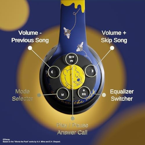 Winnie The Pooh Wireless Bluetooth Headphones | Over-Ear Disney Audio Headset with Built-in Mic | 15-Hour Playtime for Ultimate Listening | Perfect Gifts for Disney Fans of All Ages | Comfort-Focused Design with Enchanting Sound Quality | Broad Compatibility with Bluetooth Devices