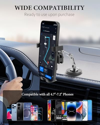 Revolutionary Gravity Lock Dual Arm Car Phone Mount – 360° Adjustable Smartphone Holder for Dashboard, Windshield & Seat | Universal Fit for 4.7-7.2″ Devices with Enhanced Silicone Grip for Superior Stability and Protection