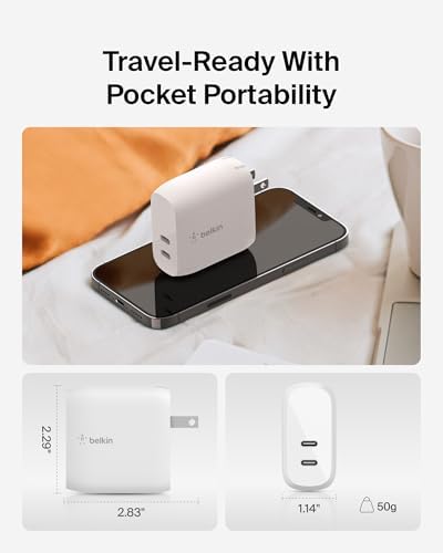 Belkin 40 W Dual Port USB-C Fast Charger Block – Rapid Charging for i Phone 16, 15, 14, 13, Pro, Samsung Galaxy S25, Pixel, i Pad, Air Pods & Nintendo Switch 2 – Compact, Lightweight, Enhanced Safety Design – Perfect for Home or Travel Charging Solutions