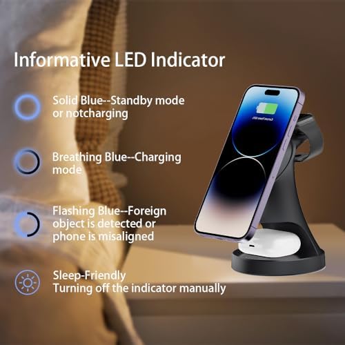 Magnetic 3-in-1 Wireless Charger Stand for i Phone 16/15/14/13/12, Apple Watch & Air Pods Pro – Fast Charging Dock with Intelligent Safety Features and Sleek Design for Effortless Device Organization
