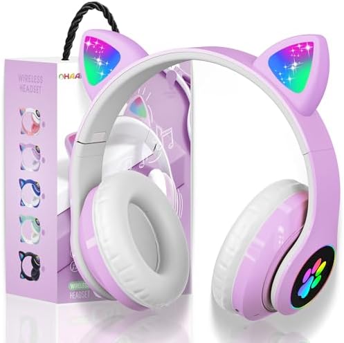 Playful Cat Ear Bluetooth Headphones for Kids – Foldable Over-Ear Design with LED Lights, Safe Listening Volume Control, Built-in Microphone, and Multi-Device Connectivity – Ideal for Music, Movies, and Gaming on i Phones, i Pads, Smartphones, and More!