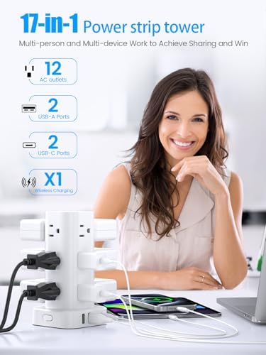 Ultimate Tower Power Strip Surge Protector – 12 AC Outlets & 4 High-Speed USB Ports (2 USB-C) with 6 FT Flexible Extension Cord – Versatile Charging Station for Home, Office, Dorm & Travel (Black) – Unmatched Safety & Space-Saving Design