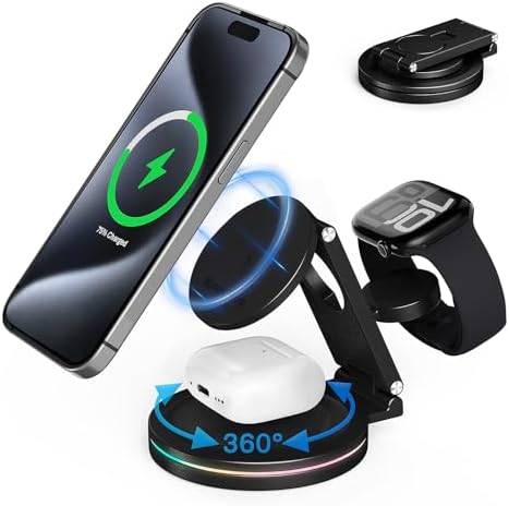 Revolutionary 3-in-1 Wireless Charger Hub for i Phone, Apple Watch & Air Pods – 10 W Fast Charging, 360-Degree Rotating Zinc Alloy Design, Foldable & Magnetic for Ultimate Convenience and Compatibility with i Phone 12-16 Series