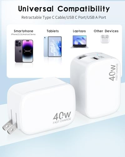 40 W Retractable Wall Charger with 35.4-Inch Lightning Cable – Fast Charging Solution for i Phone 14, i Pad, Pixel, and Galaxy – 3-Port USB-C Charging Block with Compact Foldable Plug for Ultimate Portability and Enhanced Compatibility