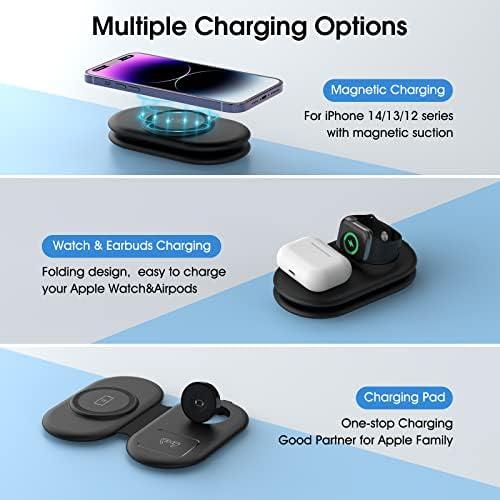 Revolutionary Compact Magnetic Wireless Charger – Fast-Folding Travel Station for i Phone 15/14/13/12/Pro/Max/SE/11/X/XR/8 & Apple Watch Series 9/8/Ultra/SE/7/6-2 – Ultimate On-the-Go Power Hub with Enhanced Safety Features for Tech Enthusiasts and Travelers – Portable Multi-Device Charging Solution for i Pods 3/Pro/2, Perfect for Efficient Travel and Seamless Connectivity