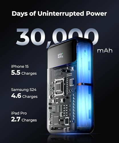 High-Capacity 30,000 m Ah Portable Power Bank with Built-in USB-C Cable – 22.5 W Super Fast Charging for i Phone, i Pad, Google, Xiaomi – Ideal for Travel, Camping, and Emergency Power Solutions – Slim and Lightweight Design with 17-Layer Safety Protection for Maximum Reliability – Perfect for Charging Multiple Devices Simultaneously – Enjoy 24/7 Customer Support and 36-Month Warranty