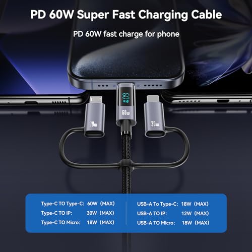 Transform Your Power Management with the 6-in-1 Multi Charger Cable: High-Speed PD 60 W Charging, Real-Time LED Indicator, and Universal Device Compatibility for Smartphones, Tablets, and Laptops – 4 ft Robust USB Cord for Home, Office, and Travel Versatility