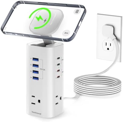 Ten Trend Surge Protector Tower: 160 W Fast Charging Hub with 3 AC Outlets & 8 USB Ports (4 USB-C) – 5 FT Flat Plug Extension for Home Office Efficiency and Device Safety